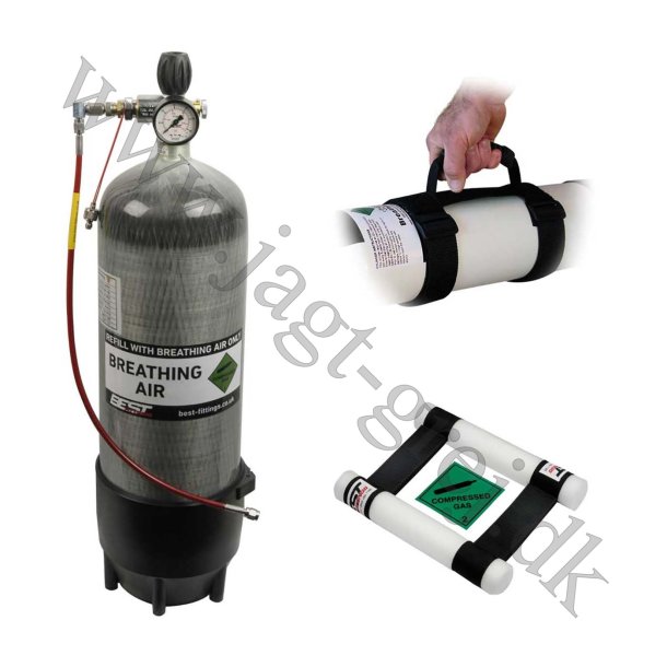 300 Bar 9 liter Carbon flaske m. fyldekit, kobling, brerem og holder.