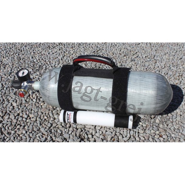 300 Bar 9 liter Carbon flaske m. fyldekit, kobling, bærerem og holder.